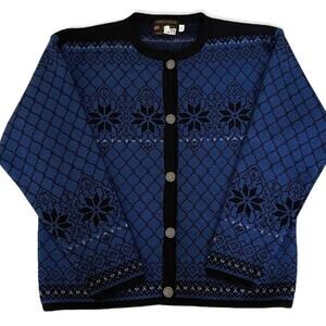 Norskwear Blue Black 100% Wool Norwegian Cardigan Large Nordic Print Sweater